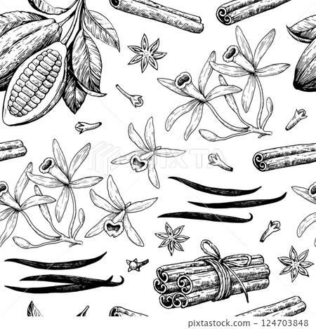 Seamless pattern with cocoa beans, cinnamon and vanilla. Hand-drawn monochrome illustration. Seamless pattern with cocoa beans, cinnamon and vanilla. Hand-drawn monochrome illustration. 124703848