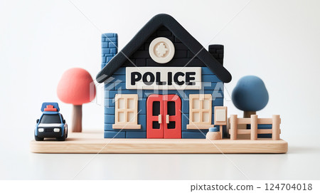 帶有彩色三角形屋頂的警察局圖像的 3D 插圖 124704018