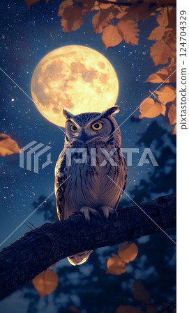 Mysterious night wallpaper of an owl sitting on a tree with a full moon behind it 124704329