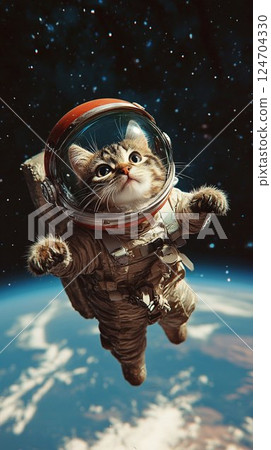 A cute space fantasy wallpaper with a cat in a space suit floating 124704330