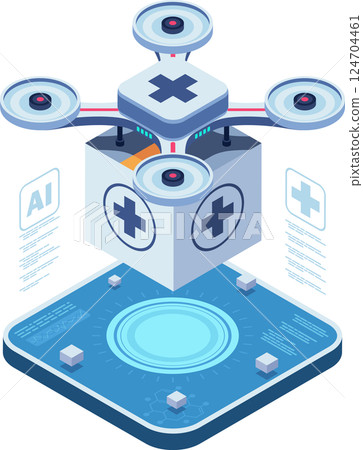 Isometric Medical Drone Delivering Healthcare Package 124704461