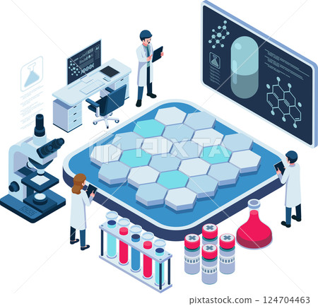 Isometric Scientists in Drug Discovery Lab with Advanced Equipment Isometric Scientists in Drug Discovery Lab with Advanced Equipment 124704463