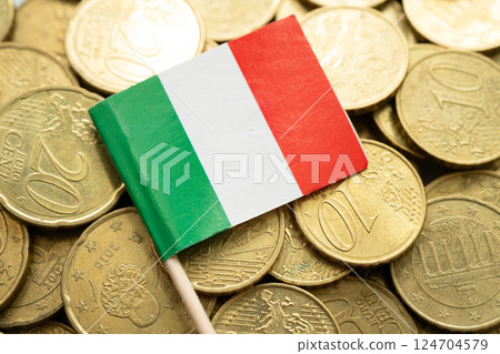 Italy flag on coin and banknote money, finance trading investment business currency concept. Italy flag on coin and banknote money, finance trading investment business currency concept. 124704579