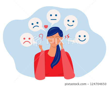 Businesswoman suffers from hormonal with a change in mood. Mental health Suffering from bipolar disorder,emotional themes. sad, angry, bored, sad. flat vector illustration. 124704650