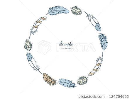 A round frame decorated with various bird feathers. 124704665