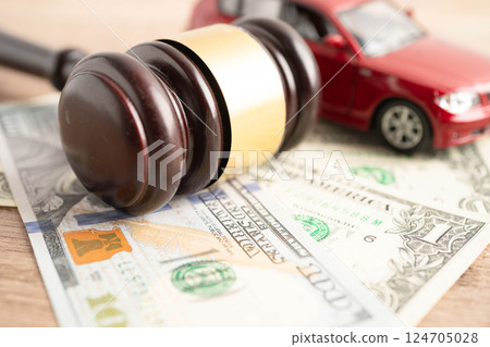 Bangkok, Thailand March 15, 2024 Car accident lawsuit and insurance, Judge hammer and money with car model. 124705028