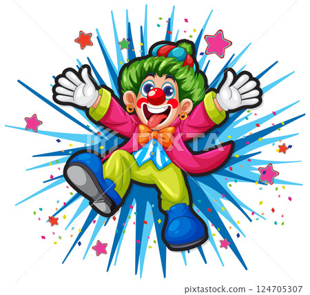 Colorful Clown Jumping with Joyful Expression 124705307