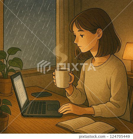Illustration of a woman working from home on a rainy night Illustration of a woman working from home on a rainy night 124705449