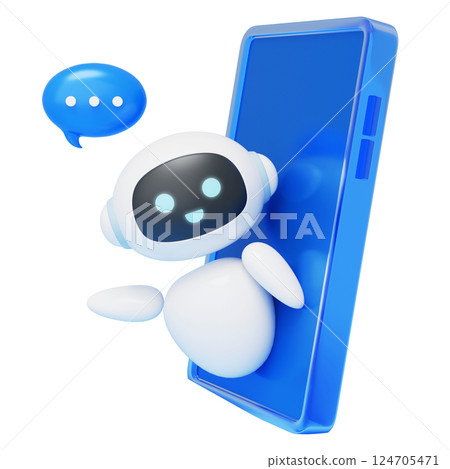 3D graphics of an AI robot character popping out of a mobile phone 124705471