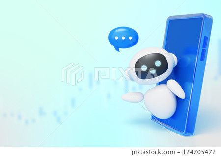 3D graphics of an AI robot character popping out of a mobile phone 124705472