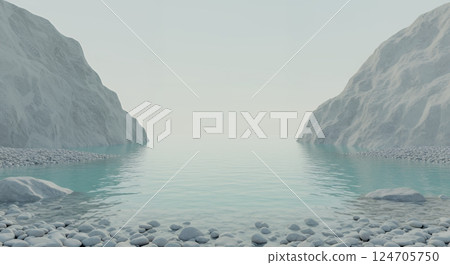 A pale teal color framed by pale grey cliffs and reflecting the pale sky. 124705750