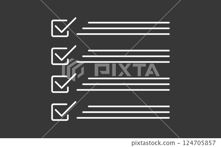Minimalist checklist icon with completed tasks. White checkmarks and lines on dark background. Symbol of task management, organization, and productivity. Business and workflow concept illustration. 124705857