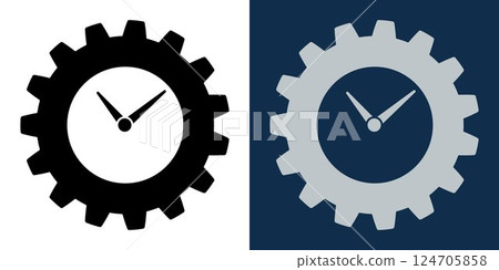 Industrial clock gear icon, time management symbol, mechanical productivity concept, business automation, efficiency, workflow optimization, schedule planning, precision engineering, process control. Industrial clock gear icon, time management symbol, mechanical productivity concept, business automation, efficiency, workflow optimization, schedule planning, precision engineering, process control. 124705858