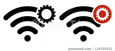 Wi-Fi icon with settings. Black and white wireless internet icon with a gear. Concept of network management, connection parameters, signal configuration. Wi-Fi settings symbol. 124705912