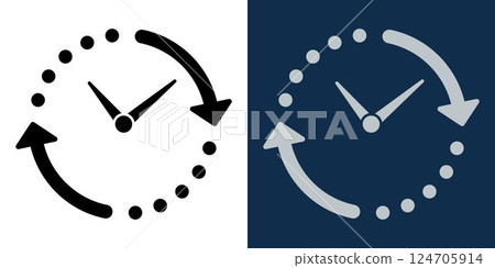Clock icon with arrows, time cycle, schedule, history, past and future, black and white, dark mode, business and productivity symbol, timer and management concept. Clock icon with arrows, time cycle, schedule, history, past and future, black and white, dark mode, business and productivity symbol, timer and management concept. 124705914