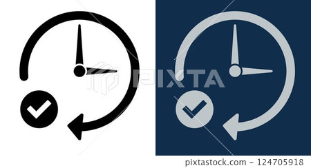 Correct time icon. Time management icon. Clock with arrow and checkmark symbolizing completed tasks, scheduling, and efficiency. Ideal for productivity and workflow concepts. 124705918