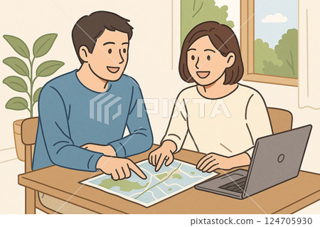 Illustration of a couple discussing their travel destination at home Illustration of a couple discussing their travel destination at home 124705930