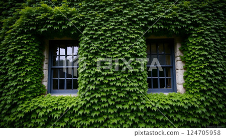 Two dark framed windows in a stone wall covered with lush ivy Two dark framed windows in a stone wall covered with lush ivy 124705958