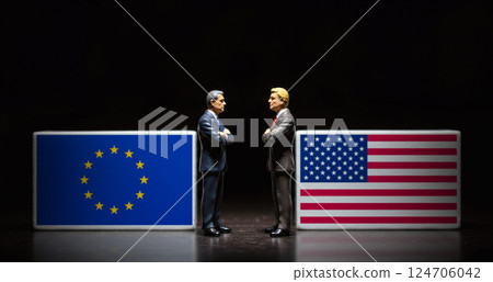 Miniature figures depicting the trade dispute between the United States and the European Union Miniature figures depicting the trade dispute between the United States and the European Union 124706042
