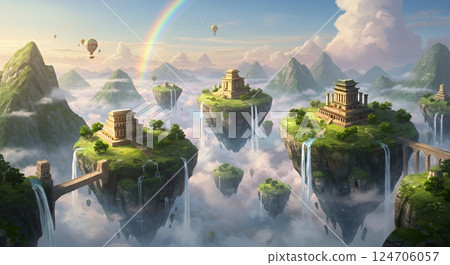 Floating islands in a vivid and fantastical landscape Floating islands in a vivid and fantastical landscape 124706057