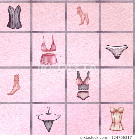 Women underwear collection seamless pattern in sections watercolor pink background. Purple lines illustration. For wrapping paper, packaging in lingerie stores, web design, gift bags, print product 124706317