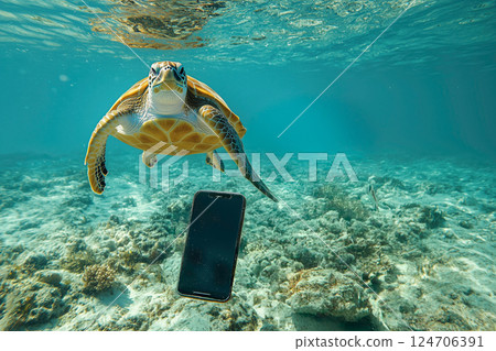 Sea turtle stares at smartphone that fell into the sea Sea turtle stares at smartphone that fell into the sea 124706391