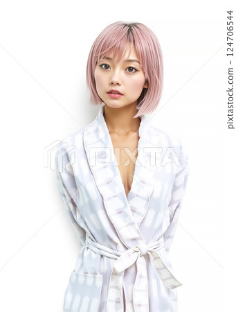 Image of a young woman with pink hair in a bathrobe 124706544