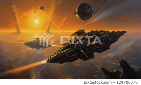 Space ships battle over alien planet in 80s books style. Retro science fiction illustration. Generated AI. 124706576