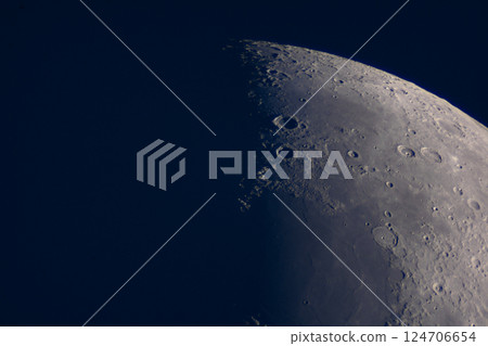 Waxing Moon detailed view with craters captured during nighttime observation. 124706654