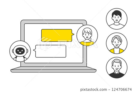 一位年輕女子在電腦上與人工智慧聊天（替換圖示集）[人物向量插圖素材] 124706674