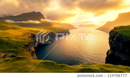 Landscape of Faroe Islands before sunset, Denmark Nature touch Landscape of Faroe Islands before sunset, Denmark Nature touch 124706777