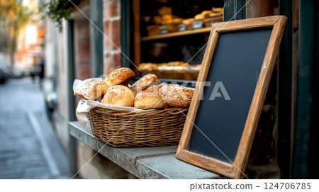 Bakery shop with blank menu blackboard in front of shop cafe restaurant background. 124706785