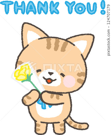 棕色虎斑貓拿著一束黃玫瑰 124707179