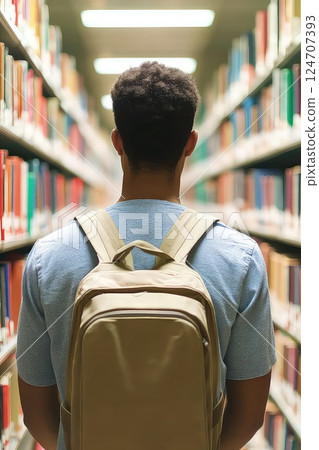 Back view of a male student with backpack in a library. The male student's back view captures his dedication to learning as he navigates the library's rich offerings. Back view of a male student with backpack in a library. The male student's back view captures his dedication to learning as he navigates the library's rich offerings. 124707393