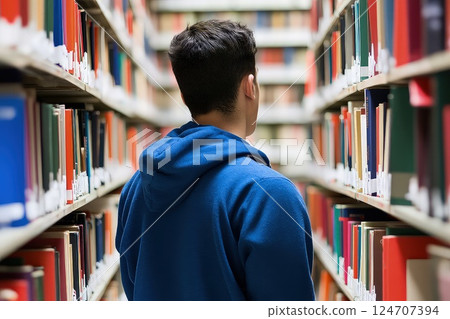 Back view of a male student with backpack in a library. A male student stands among the library shelves, his backpack hinting at a day filled with exploration and study. 124707394