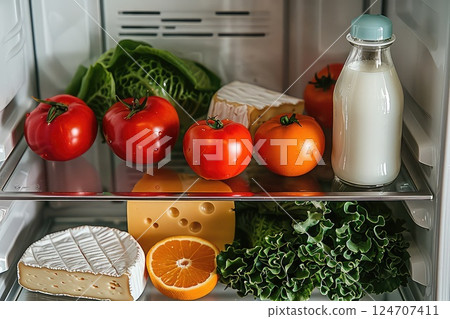Refrigerator with healthy food. A medley of leafy greens, each one packed with vitamins and minerals. 124707411