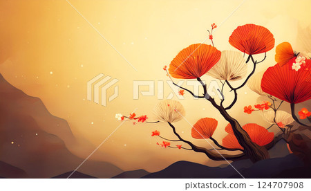 abstract floral background, illustration of an artistic tree with red and white leaves on a soft golden background, Ideal for International Women Day, nature themes 124707908