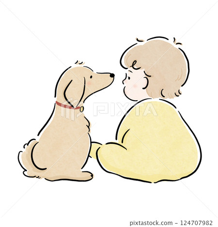 Small dog and baby friendly back view watercolor yellow Small dog and baby friendly back view watercolor yellow 124707982