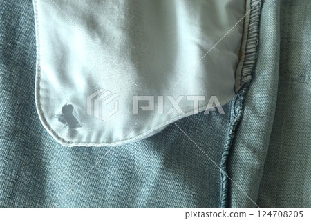 tear on side pocket jean pant fabric texture and background 124708205