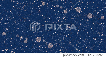 Seamless space pattern with stars and planets on blue background for tarot, astrology. Mystical sky abstract ornament for wallpaper, wrapping paper. Vector illustration. 124708265