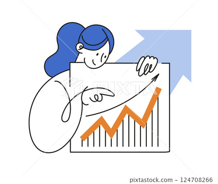 Business growth and development concept, businesswoman holding growing chart with up arrows, student girl with presentation, minimalistic vector line illustration. 124708266