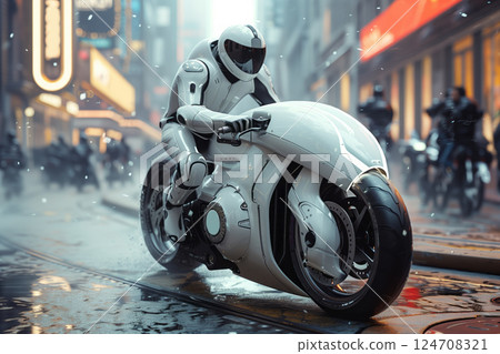 Biker on a futuristic motorcycle rides through the streets of the evening city 124708321