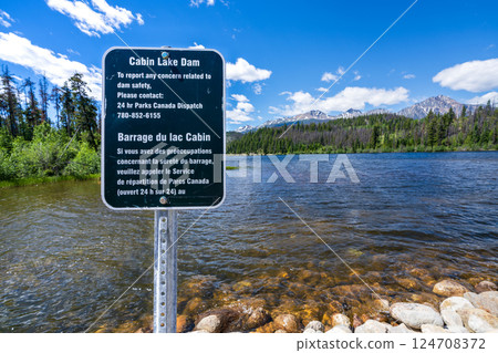 Cabin Lake Dam summer scenic view. Jasper National Park, Alberta, Canada. 124708372