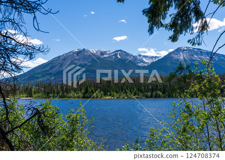Summer scenic view of Cabin Lake, Jasper National Park, Alberta, Canada. 124708374