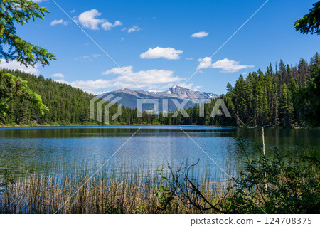 Summer scenic view of Cabin Lake, Jasper National Park, Alberta, Canada. 124708375