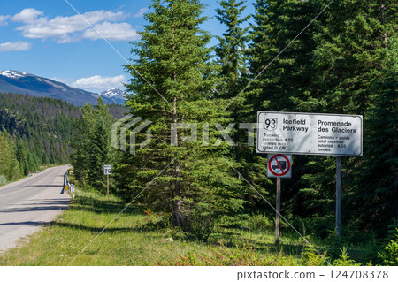 Jasper, Alberta, Canada. Icefields Parkway (Alberta Highway 93), Jasper National Park Scenic Drive. Canadian Rockies summer landscape in the background. 124708378