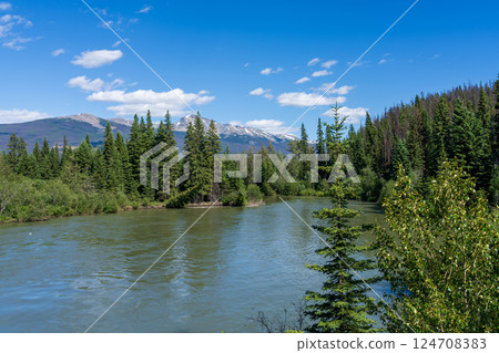 Miette River in Jasper National Park. Alberta, Canada. Canadian Rockies summer landscape. 124708383
