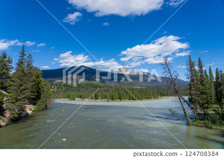 Jasper National Park summer landscape. Miette River before its confluence with the Athabasca River. Alberta, Canada. Canadian Rockies. 124708384