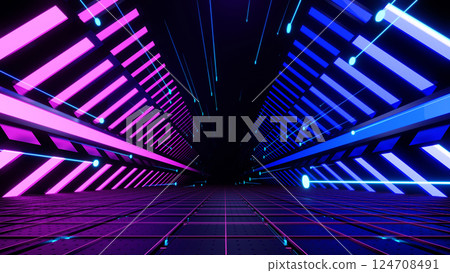 3d render, Abstract neon futuristic tunnel with pink and blue glowing lines and grids background 3d render, Abstract neon futuristic tunnel with pink and blue glowing lines and grids background 124708491