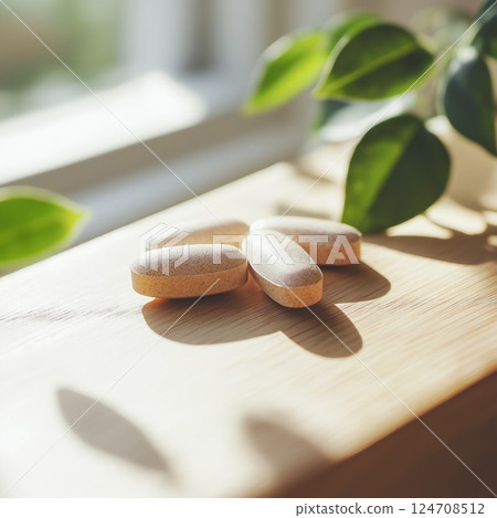 Daily multivitamin supplement pack with morning sunlight on a wooden table, cozy and clean setting, sharp focus. Daily multivitamin supplement pack with morning sunlight on a wooden table, cozy and clean setting, sharp focus. 124708512